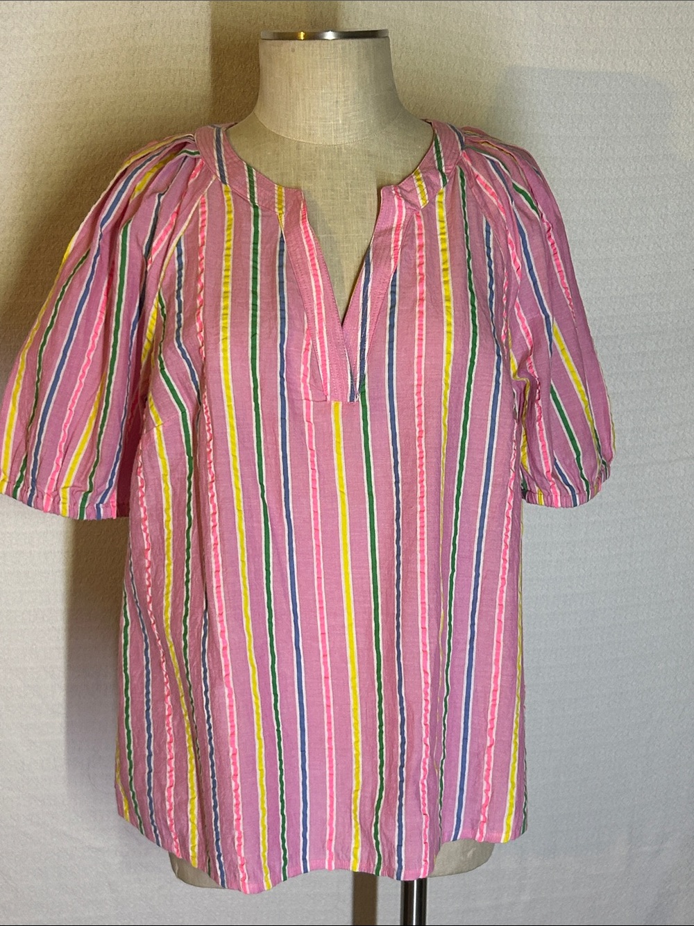 Women’s Pink Multicolor Stripe Split-Neck Top